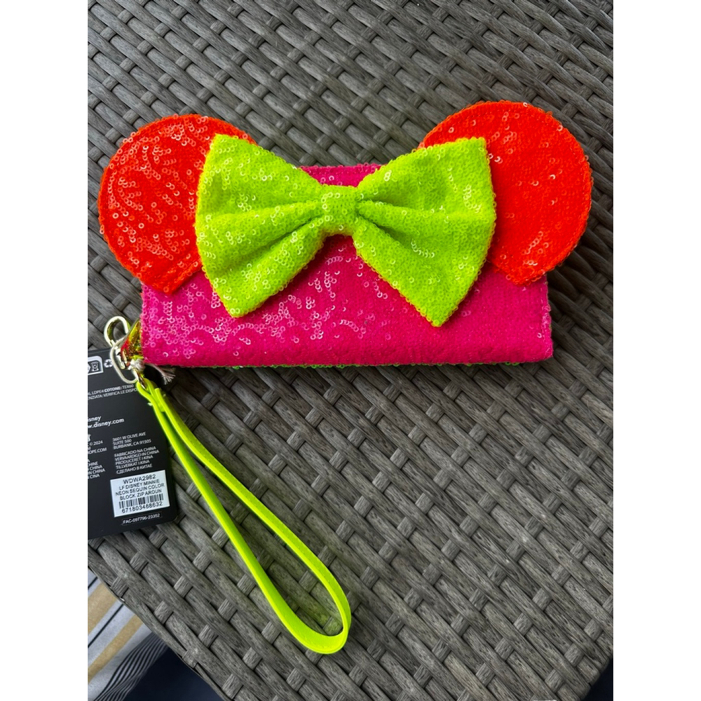 NEW Disney Minnie Mouse Loungefly Wallet Neon Color Block Sequin Wristlet Zip